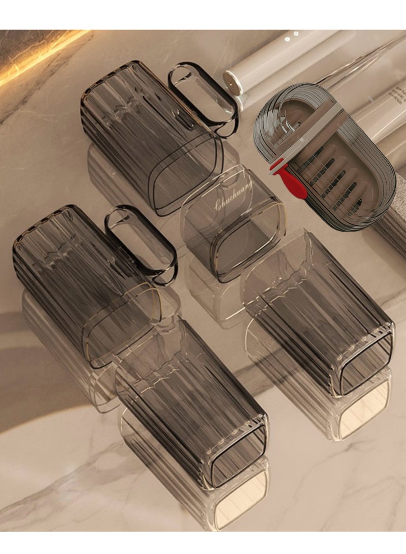 أوليس فيرس  كوب فرشاة أسنان سفر بني فاتح 2 في 1 مع مقبض - مجموعة كوب غسول فم محمولة مضادة للتسرب مع حاوية صابون شفافة لحامل فرشاة الأسنان للأزواج - Image 2