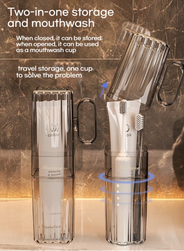 أوليس فيرس  كوب فرشاة أسنان سفر بني فاتح 2 في 1 مع مقبض - مجموعة كوب غسول فم محمولة مضادة للتسرب مع حاوية صابون شفافة لحامل فرشاة الأسنان للأزواج - Image 4