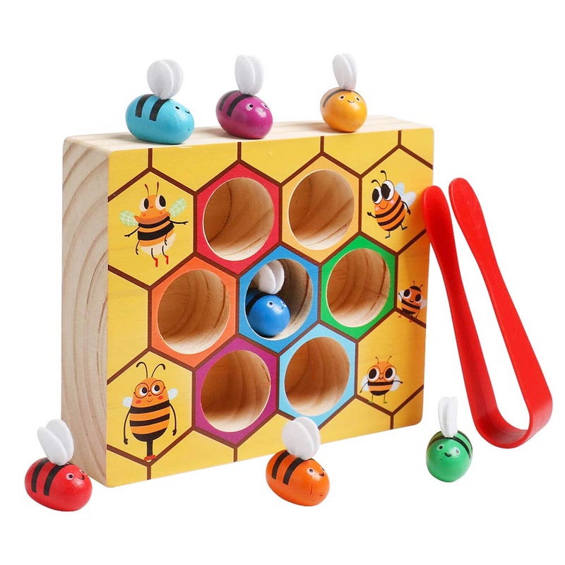 kizh Fine Motor Toys, Clamp Bee to Hive Matching Game Toddler Learning Toys Montessori Wooden Lovely Bee Hive Toys Color Sorting for Baby Early Educational Game Toy for 3 4 5 Years Old Kids - Image 1