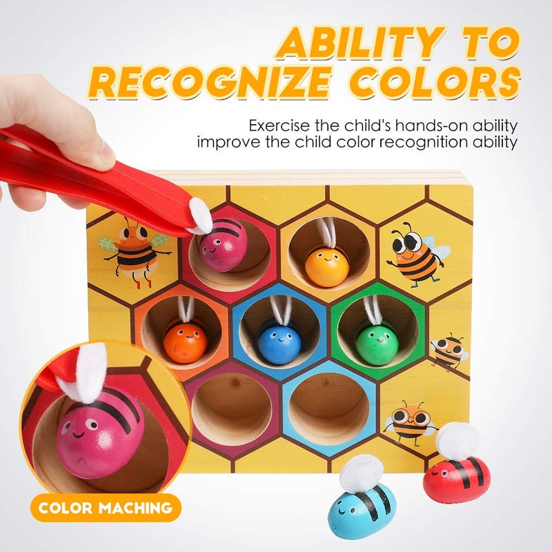 kizh Fine Motor Toys, Clamp Bee to Hive Matching Game Toddler Learning Toys Montessori Wooden Lovely Bee Hive Toys Color Sorting for Baby Early Educational Game Toy for 3 4 5 Years Old Kids - Image 2