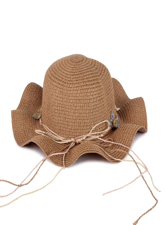 INFISPACE Girl's Crochet Summer Beach Hat with Floral Accents |UV-Protected Floppy Wide Brim Fedora Hat for Girls (Size: 5 to 12 Year) (in, Age, 5 Years, 12 Years, Brown, Wavy Star) - Image 3