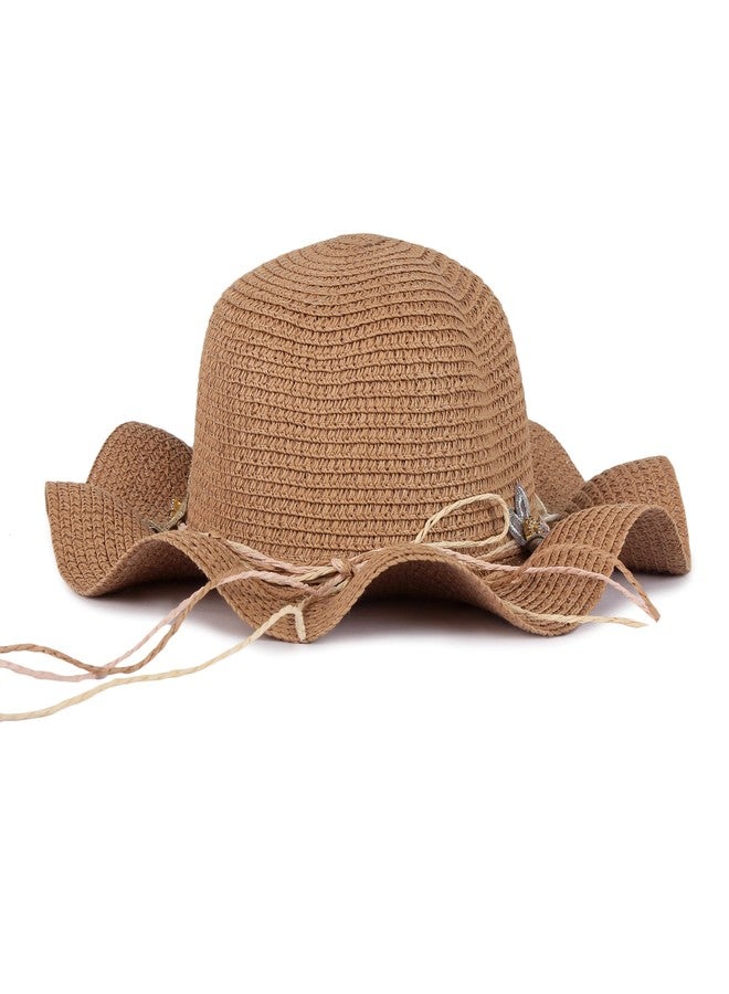 INFISPACE Girl's Crochet Summer Beach Hat with Floral Accents |UV-Protected Floppy Wide Brim Fedora Hat for Girls (Size: 5 to 12 Year) (in, Age, 5 Years, 12 Years, Brown, Wavy Star) - Image 4