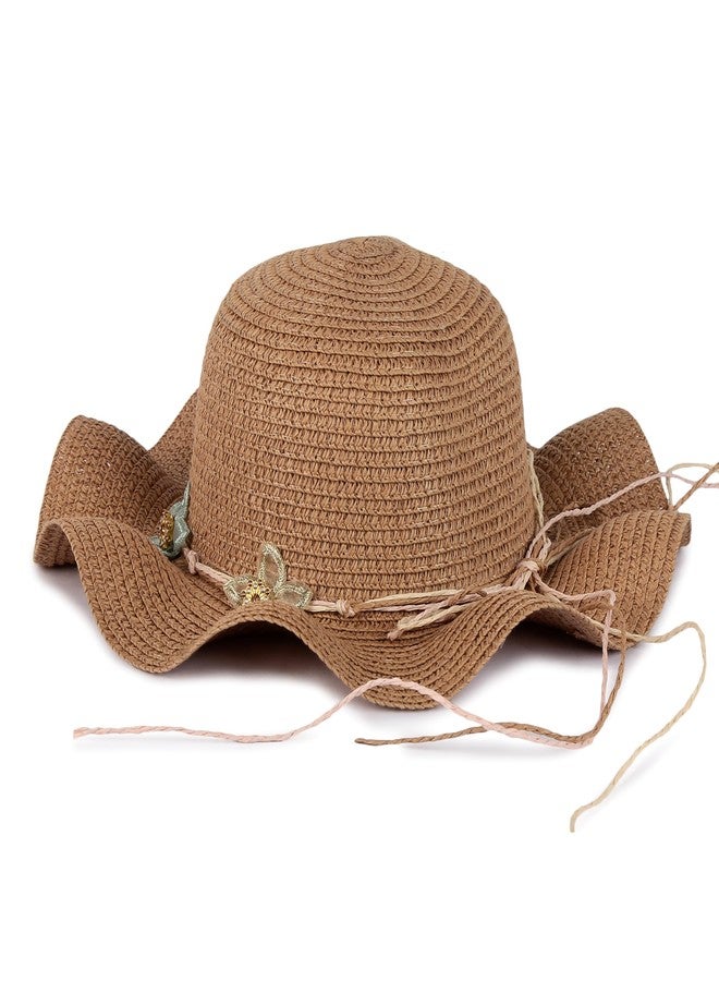 INFISPACE Girl's Crochet Summer Beach Hat with Floral Accents |UV-Protected Floppy Wide Brim Fedora Hat for Girls (Size: 5 to 12 Year) (in, Age, 5 Years, 12 Years, Brown, Wavy Star) - Image 1