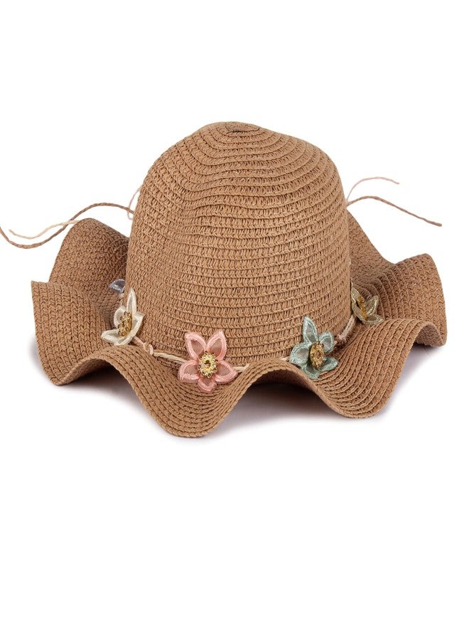 INFISPACE Girl's Crochet Summer Beach Hat with Floral Accents |UV-Protected Floppy Wide Brim Fedora Hat for Girls (Size: 5 to 12 Year) (in, Age, 5 Years, 12 Years, Brown, Wavy Star) - Image 5