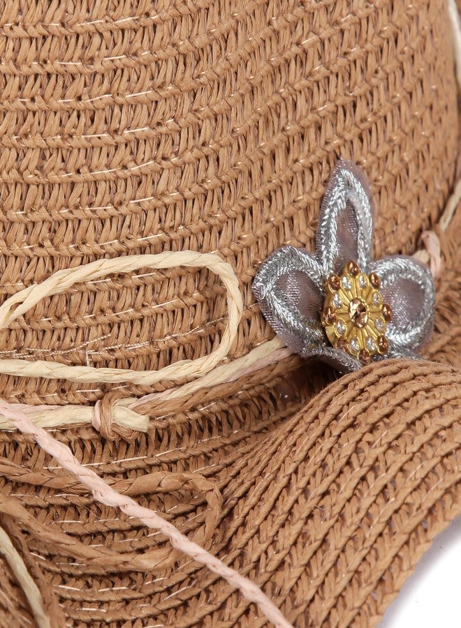 INFISPACE Girl's Crochet Summer Beach Hat with Floral Accents |UV-Protected Floppy Wide Brim Fedora Hat for Girls (Size: 5 to 12 Year) (in, Age, 5 Years, 12 Years, Brown, Wavy Star) - Image 2