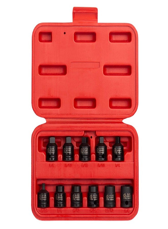 SUNEX TOOLS 3841, 3/8 Inch Drive Pipe Plug Socket Set, 11-Piece, SAE, 7/16" - 5/8", Cr-Mo Steel, Tapered Male Square Drive, Chamfered Female Square Drive, Heavy Duty Storage - Image 1