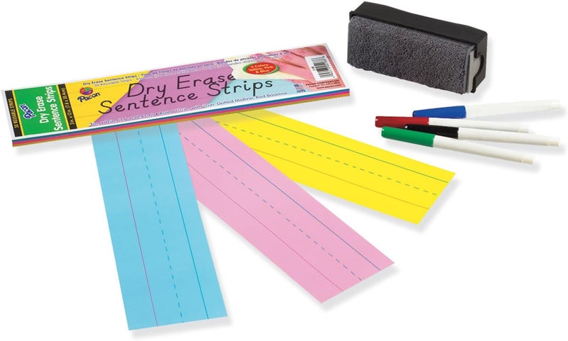 Pacon® Dry Erase Sentence Strips - Assorted Colors, 3" x 12", 30 Reusable Strips with Ruled Baseline