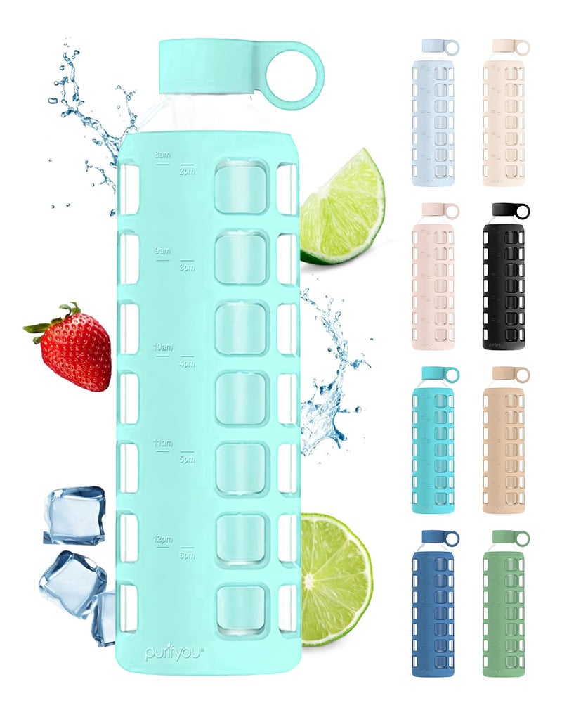 purifyou 40oz / 32oz / 22oz / 12oz Borosilicate Glass Water Bottle with Time & Volume Markers, Silicone Sleeve, Stainless Steel Lid | Reusable Glass Bottle for Water & Juice (32oz Glow-in-the-Dark) - Image 1
