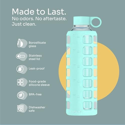 purifyou 40oz / 32oz / 22oz / 12oz Borosilicate Glass Water Bottle with Time & Volume Markers, Silicone Sleeve, Stainless Steel Lid | Reusable Glass Bottle for Water & Juice (32oz Glow-in-the-Dark) - Image 4