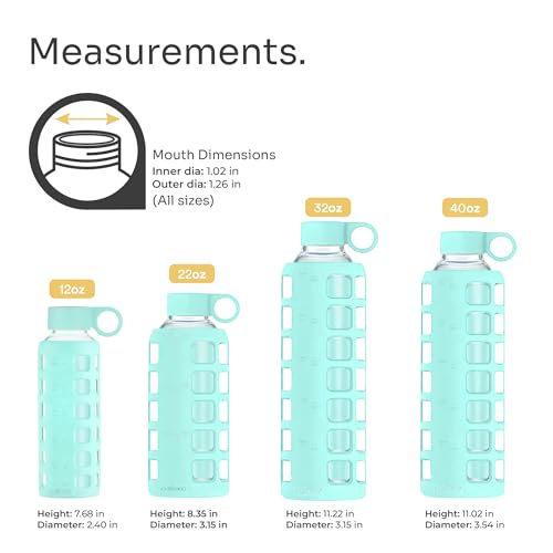 purifyou 40oz / 32oz / 22oz / 12oz Borosilicate Glass Water Bottle with Time & Volume Markers, Silicone Sleeve, Stainless Steel Lid | Reusable Glass Bottle for Water & Juice (32oz Glow-in-the-Dark) - Image 2