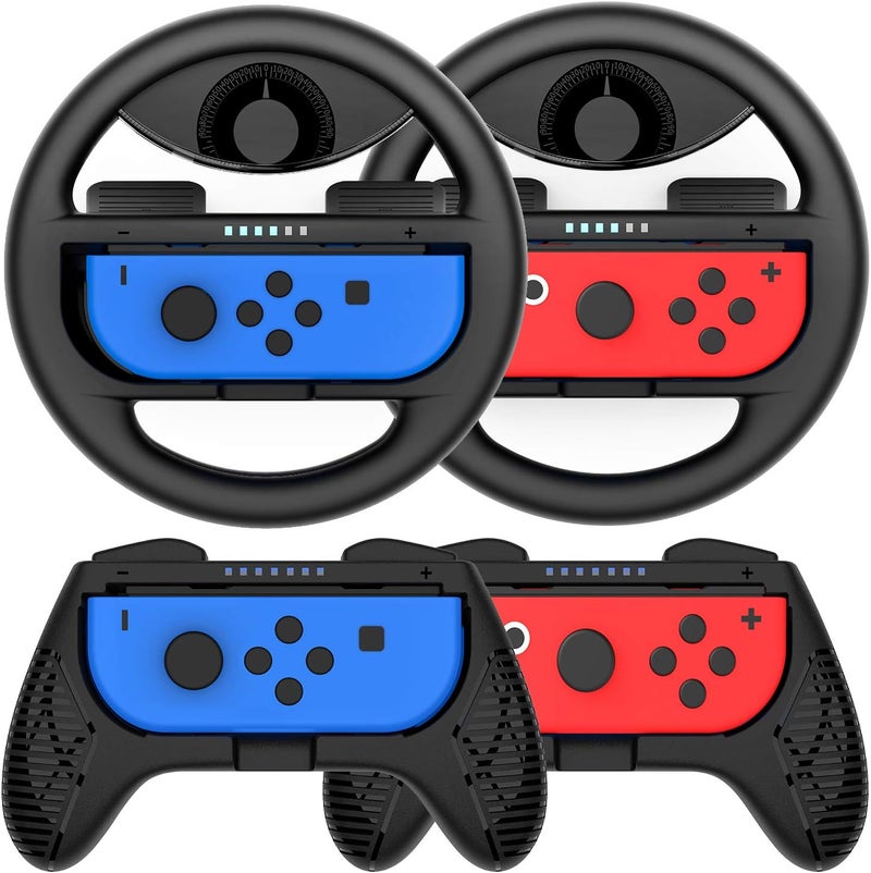 MOMEN Grip for Switch Controller - 4 Pack Racing Steering Wheel Switch Controller Game Grip Handle Kit Fit for Switch Joycon Controllers (Black) - Image 1