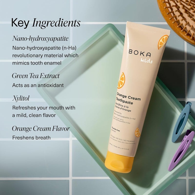BOKA Fluoride Free Toothpaste- Nano Hydroxyapatite, Remineralizing, Sensitive Teeth, Whitening- Dentist Recommended for Adult, Kids Oral Care- Orange Cream Flavor, 4oz 1Pk - US Manufactured - Image 4