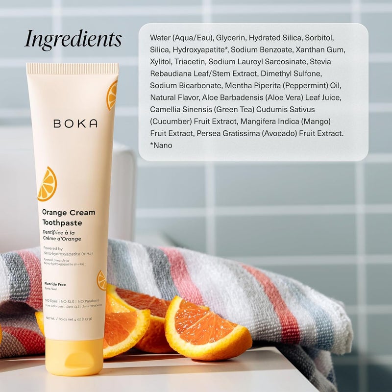 BOKA Fluoride Free Toothpaste- Nano Hydroxyapatite, Remineralizing, Sensitive Teeth, Whitening- Dentist Recommended for Adult, Kids Oral Care- Orange Cream Flavor, 4oz 1Pk - US Manufactured - Image 5