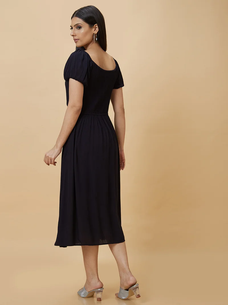 globus Women Square Neck Smocked A-Line Midi Dress