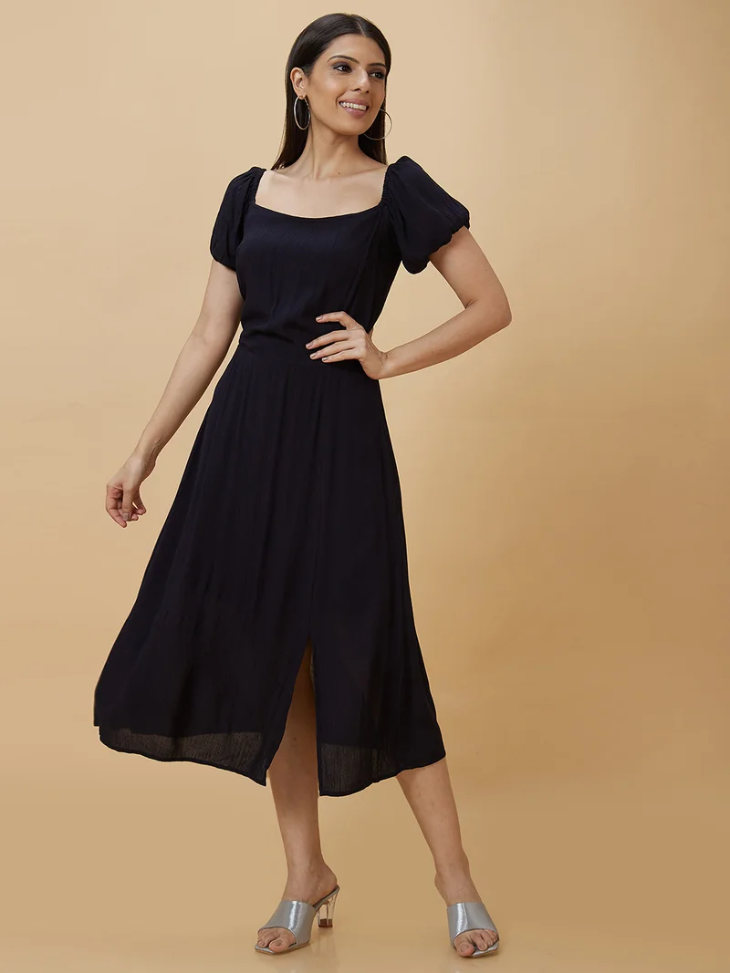 globus Women Square Neck Smocked A-Line Midi Dress