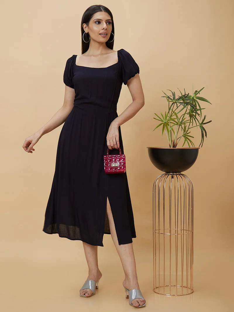 globus Women Square Neck Smocked A-Line Midi Dress