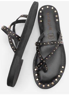 MARJIN Women's Leather Studded Flip Flops Casual Slippers Pemora  - Image 5