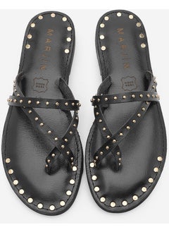 MARJIN Women's Leather Studded Flip Flops Casual Slippers Pemora  - Image 4