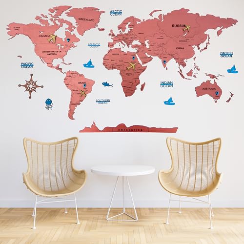 Elk 3D Wooden World Map Wall Decor with Country Names & Capitals | Premium Multilayer Laser Cut Wall Art | Easy DIY Installation | Travel Theme Home Decor for Living Room, Office | Size : 90x52 CM - Image 1