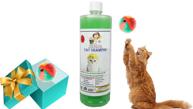 swacch Cat Shampoo + Rubber Musical Ball I Chew Playing Rubber Ball I Interactive Cat Toy Balls I Training & Play I Combo Pack I 1 Litre Neem Alovera - Image 1