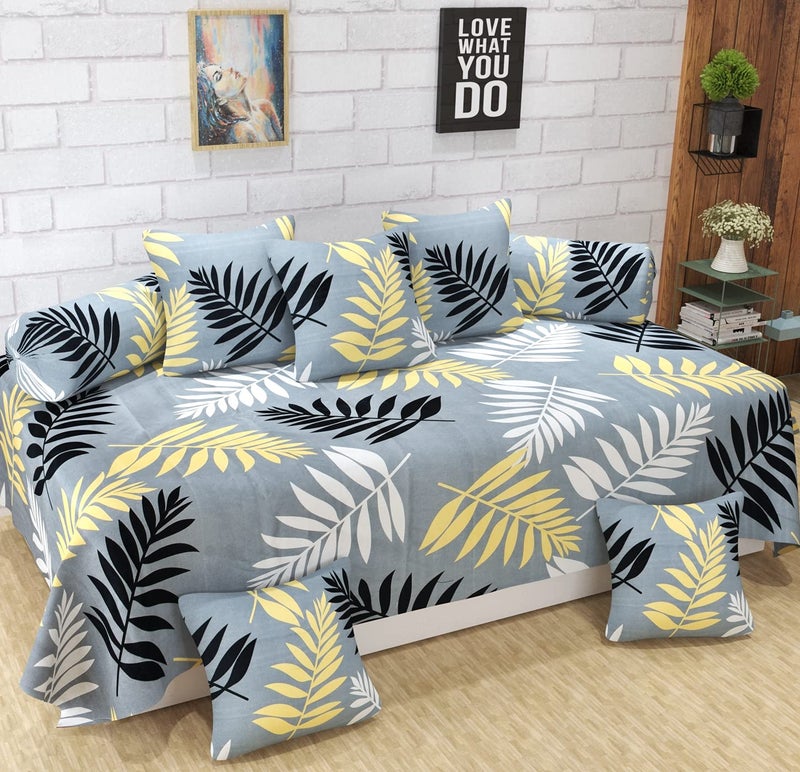 Castiqa Microfibre Unique Patterns Diwan Set Covers 8 Pieces Set of 1 Bedsheet 2 Bolsters and 5 Cushion Covers (Grey Floral) - Image 1