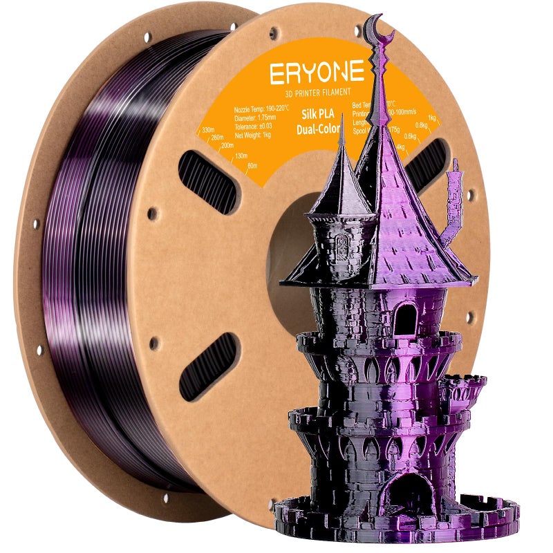 ERYONE Silk Dual Color PLA Filament 3D Printer 1.75mm +/- 0.03mm, Bicolor Filament Two Tone PLA 1KG(2.2lbs) Cardboard Spool, Black Purple - Image 1