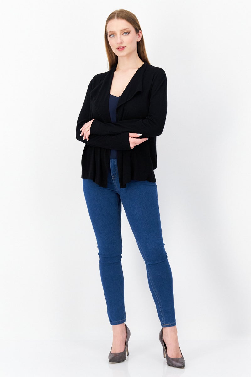 Zero Women Split Neck Long Sleeve Textured Cardigan, Black - Image 2