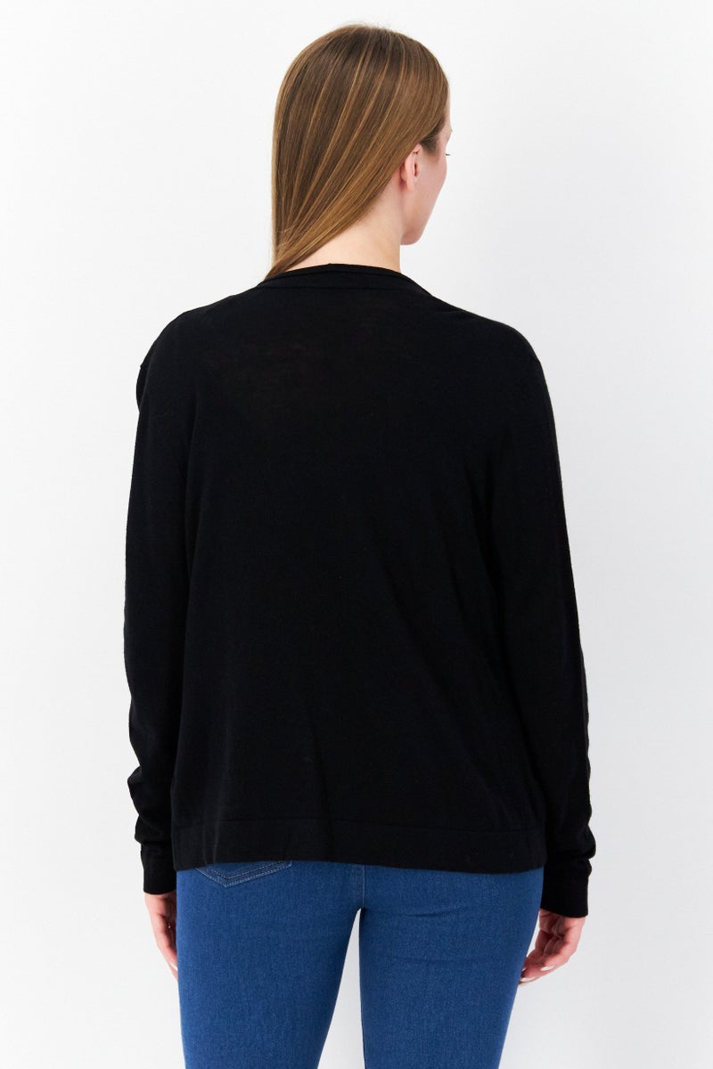 Zero Women Split Neck Long Sleeve Textured Cardigan, Black - Image 3