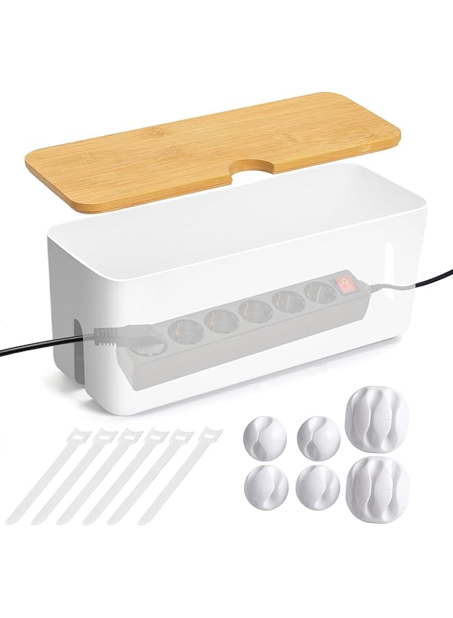 promass Cable Management Box, Wooden Style Cord Organizer Box to Hide Wires & Power Strips, Desk Computer Cable Organizer Box Including Accessories for Home & Office, Safe ABS Material (White)