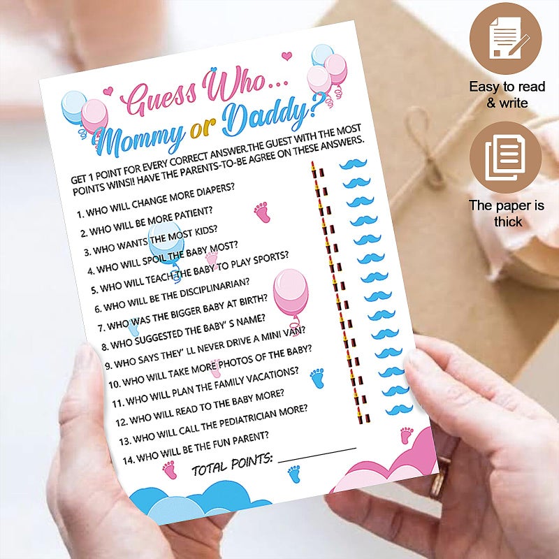 Mecholey 75Pcs Gender Reveal Games for Guests, 6 Funny Games for Boy or Girl Gender Reveal Decorations Idea Baby Prediction Cards, Mommy Or Daddy - Image 5
