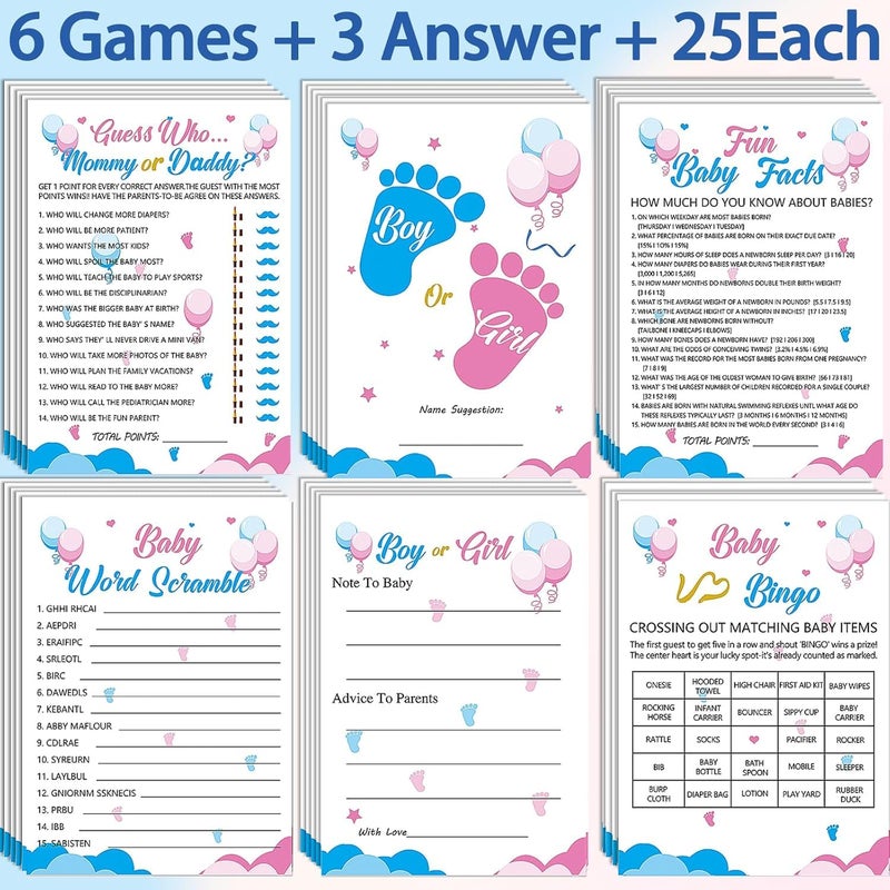 Mecholey 75Pcs Gender Reveal Games for Guests, 6 Funny Games for Boy or Girl Gender Reveal Decorations Idea Baby Prediction Cards, Mommy Or Daddy - Image 4
