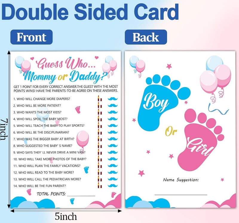 Mecholey 75Pcs Gender Reveal Games for Guests, 6 Funny Games for Boy or Girl Gender Reveal Decorations Idea Baby Prediction Cards, Mommy Or Daddy - Image 2