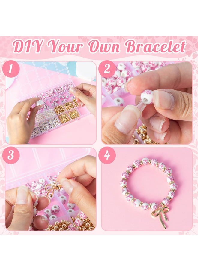 OSNIE Pink Flower Ceramic Beads - 681Pcs Vintage Pink Flower Printed Spacer Beads, Round Porcelain Pearl Gold Bead Making Kit for Women, Bow Charm DIY Jewelry Supplies Handmade Craft Gift for Necklace - Image 3