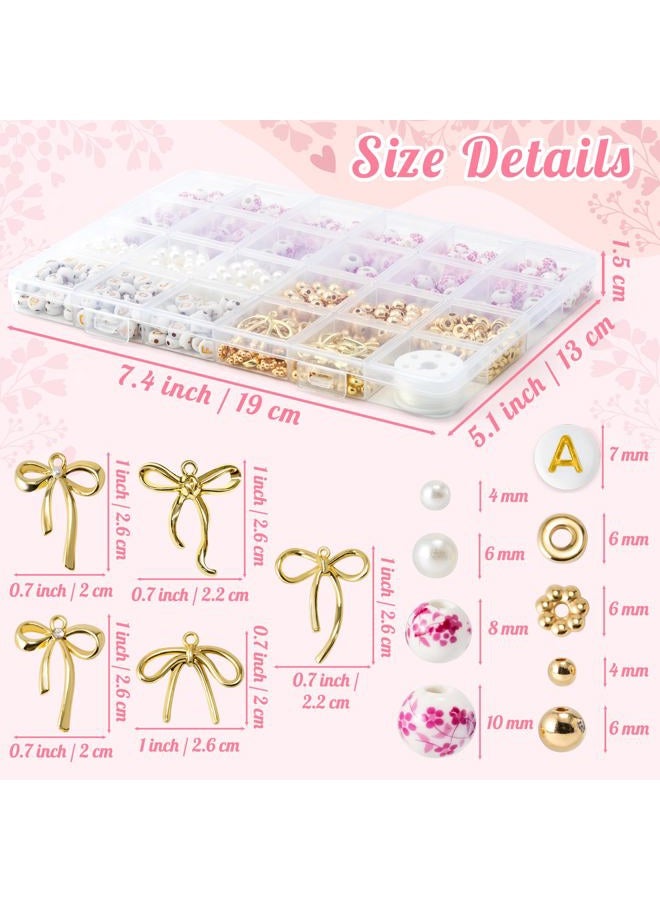 OSNIE Pink Flower Ceramic Beads - 681Pcs Vintage Pink Flower Printed Spacer Beads, Round Porcelain Pearl Gold Bead Making Kit for Women, Bow Charm DIY Jewelry Supplies Handmade Craft Gift for Necklace - Image 2