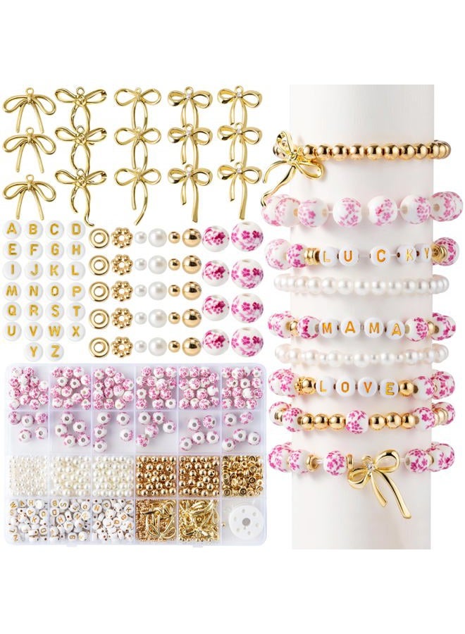OSNIE Pink Flower Ceramic Beads - 681Pcs Vintage Pink Flower Printed Spacer Beads, Round Porcelain Pearl Gold Bead Making Kit for Women, Bow Charm DIY Jewelry Supplies Handmade Craft Gift for Necklace - Image 1