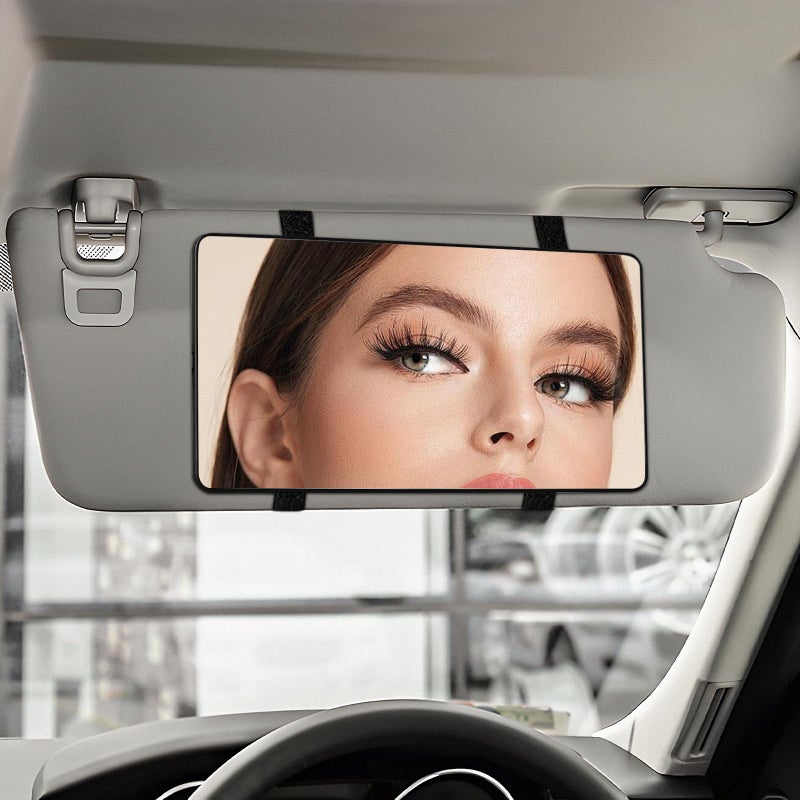 Hbxdeco Car Sun Visor Vanity Mirror Automotive Makeup SunShading Mirror with Straps HD Large Car Visor Cosmetic Vanity Mirror for Women Girls Universal Interior Car Accessories Black - Image 3