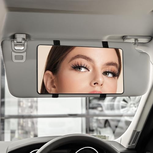 Hbxdeco Car Sun Visor Vanity Mirror Automotive Makeup SunShading Mirror with Straps HD Large Car Visor Cosmetic Vanity Mirror for Women Girls Universal Interior Car Accessories Black - Image 1