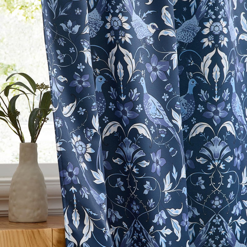 HLC.ME Florence Floral & Birds Patterned Window Back Tab Rod Pocket Print Curtains Bedroom - Light Blocking Darkening Window Panels, Set of 2 (Indigo Blue, 52 W x 84 L) - Image 3
