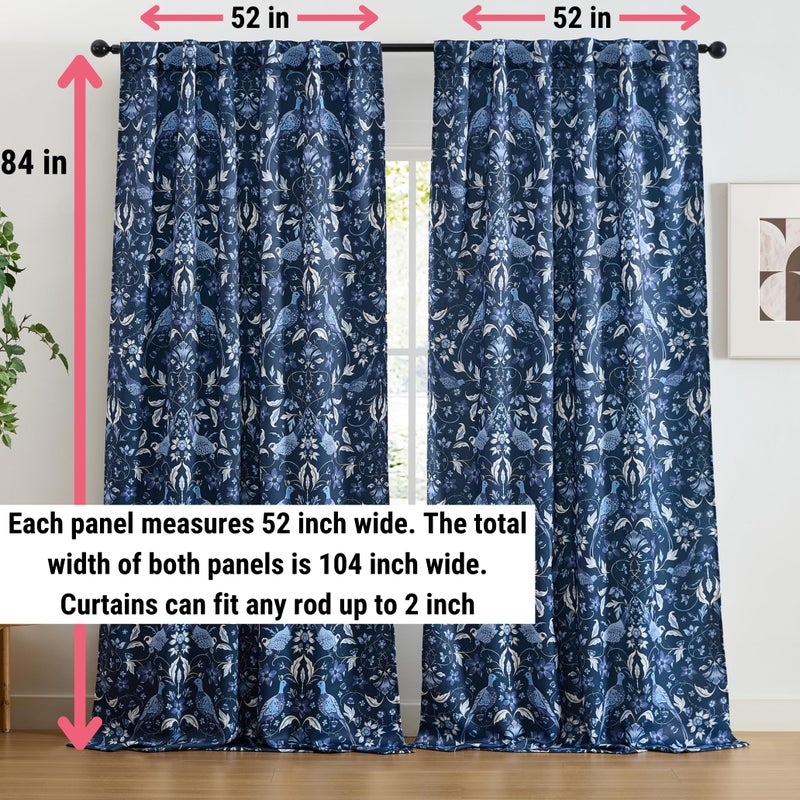 HLC.ME Florence Floral & Birds Patterned Window Back Tab Rod Pocket Print Curtains Bedroom - Light Blocking Darkening Window Panels, Set of 2 (Indigo Blue, 52 W x 84 L) - Image 2