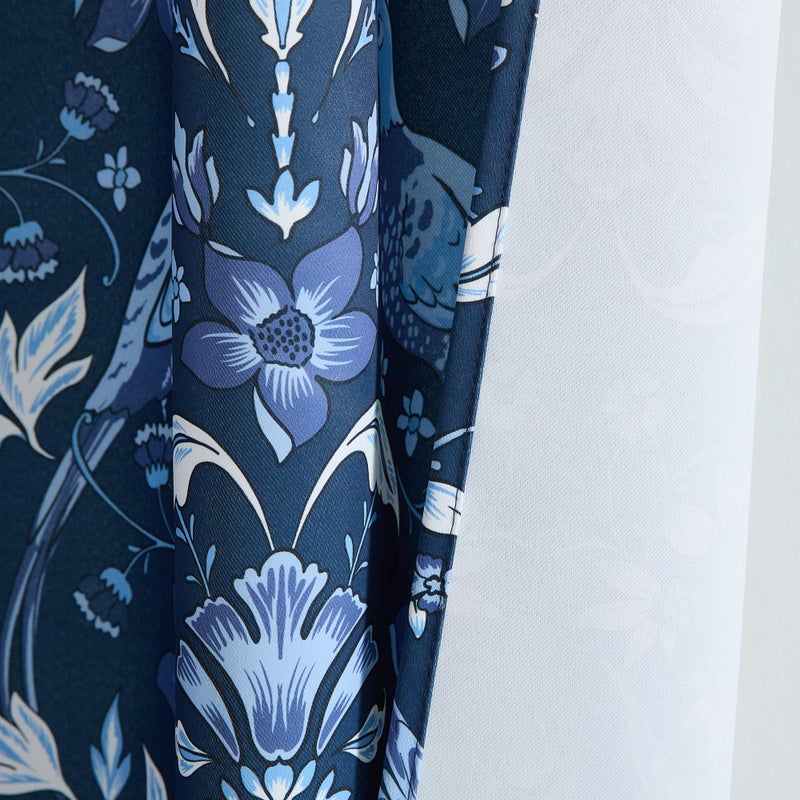 HLC.ME Florence Floral & Birds Patterned Window Back Tab Rod Pocket Print Curtains Bedroom - Light Blocking Darkening Window Panels, Set of 2 (Indigo Blue, 52 W x 84 L) - Image 5