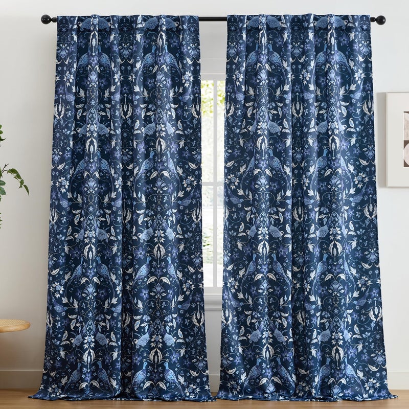 HLC.ME Florence Floral & Birds Patterned Window Back Tab Rod Pocket Print Curtains Bedroom - Light Blocking Darkening Window Panels, Set of 2 (Indigo Blue, 52 W x 84 L) - Image 1
