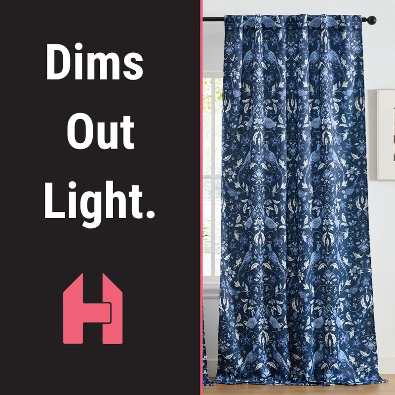 HLC.ME Florence Floral & Birds Patterned Window Back Tab Rod Pocket Print Curtains Bedroom - Light Blocking Darkening Window Panels, Set of 2 (Indigo Blue, 52 W x 84 L) - Image 4