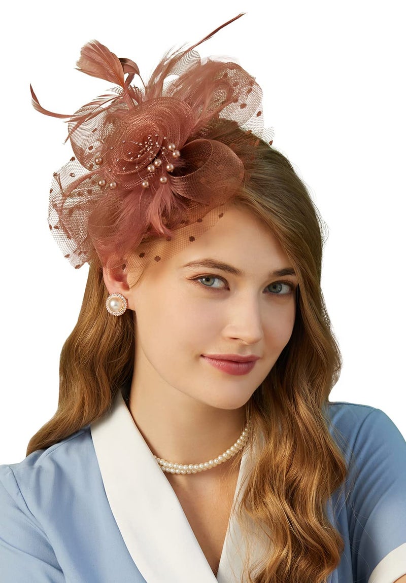 Cizoe Fascinators Hat for Women Tea Party Headband Kentucky Derby Wedding Flower Cocktail Mesh Feathers Hair Clip(1-Coffee) - Image 3