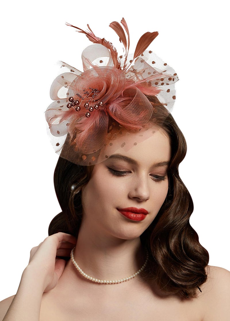 Cizoe Fascinators Hat for Women Tea Party Headband Kentucky Derby Wedding Flower Cocktail Mesh Feathers Hair Clip(1-Coffee) - Image 2