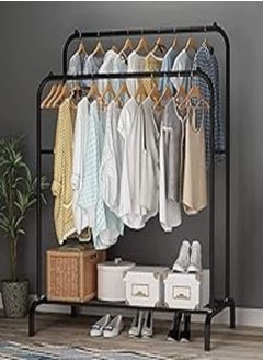 Generic EKRON Metal Multipurpose Double Garment Rack Heavy Duty Cloth Rail with Bottom Shelf Coat Jacket Hanger for Home Bedroom Storage Organizer Unique Display Stand (Black, 150 x 110 x 40cm) 