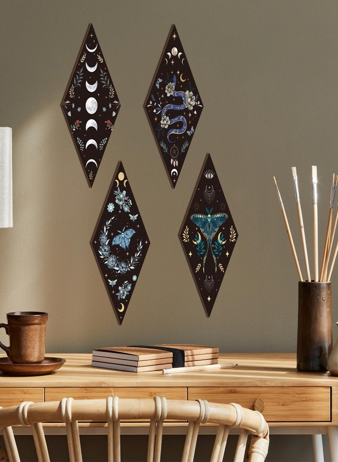 Romart Moon Phase Wall Decor: 4 Pieces Boho Moon Phases Moth Wall Art Wooden Gothic Witchy Hanging Wall Decor Minimalist Wall Pediments for Bedroom Living Room Home Decorations - Image 3