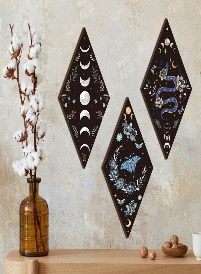 Romart Moon Phase Wall Decor: 4 Pieces Boho Moon Phases Moth Wall Art Wooden Gothic Witchy Hanging Wall Decor Minimalist Wall Pediments for Bedroom Living Room Home Decorations - Image 2