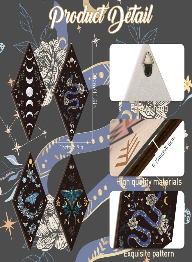 Romart Moon Phase Wall Decor: 4 Pieces Boho Moon Phases Moth Wall Art Wooden Gothic Witchy Hanging Wall Decor Minimalist Wall Pediments for Bedroom Living Room Home Decorations - Image 4