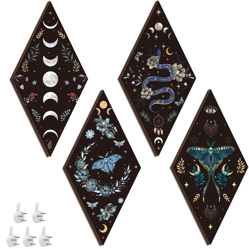 Romart Moon Phase Wall Decor: 4 Pieces Boho Moon Phases Moth Wall Art Wooden Gothic Witchy Hanging Wall Decor Minimalist Wall Pediments for Bedroom Living Room Home Decorations - Image 1
