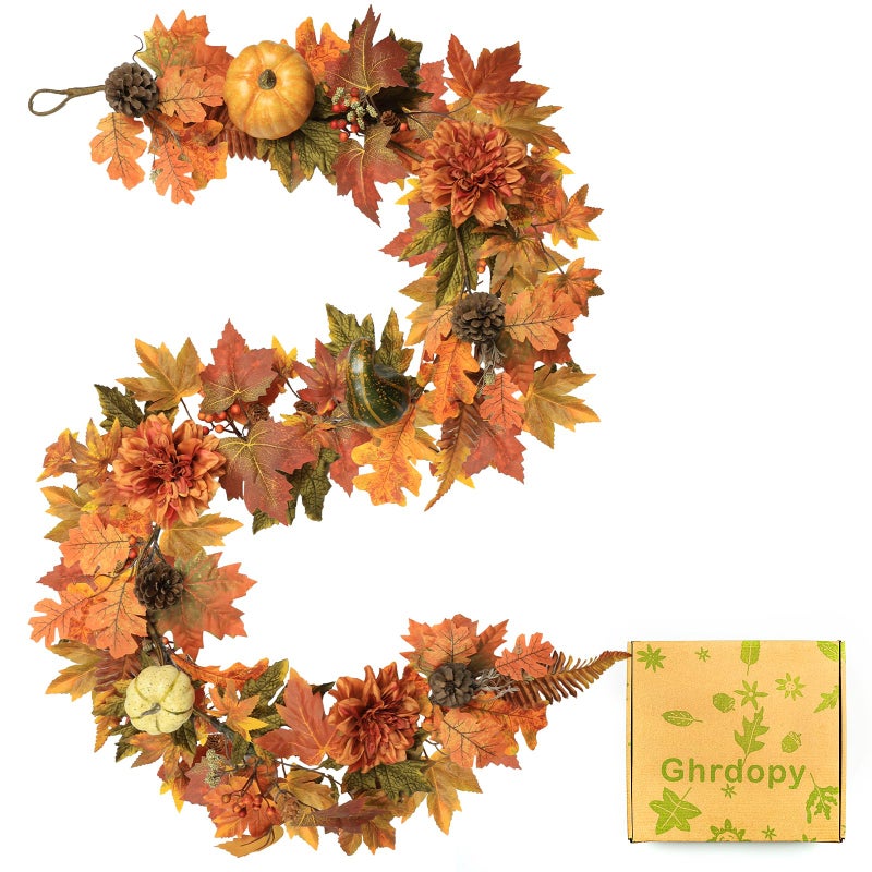 Artificial Fall Maple Leaves Garland Hanging Vine 6Ft Fake Pumpkin Pine Berries Autumn Decoration Garland Decor for Fireplace Home Doorway Party Indoor Outdoor